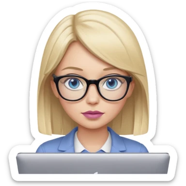donna, occhi azzurri con occhiali, capelli medi, lisci e biondi, lavora usando il pc. Labbra color malva chiaro sticker