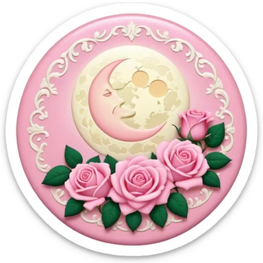 A round pink button with a light cream full damask moon and pink roses in the center sticker