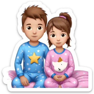 4 year old brown spikey haired boy with blue pajamas with stars on them and a 1 year old brown haired pony tail girl with pink pajamas, and stars on them with light skin sticker