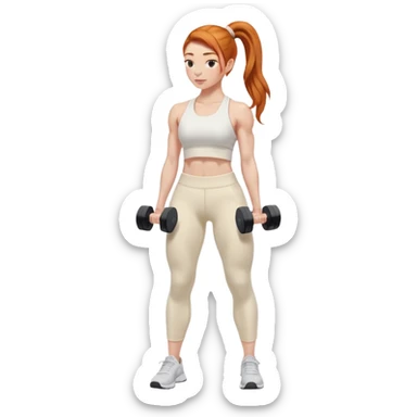 Ginger gym girl low ponytail standing sideways with dumbbells and cream athleisure pants clothes sticker