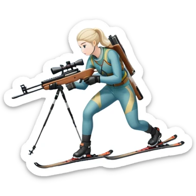 An icon showing a snowy landscape with pine trees, mountains and a clear sky with a biathlete aiming a rifle in the foreground, wearing winter gear and skis. Transparent background emphasizes the precision, endurance, and beauty of this winter sport. sticker
