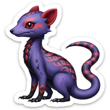 Rare warm-colored exotic gloomy tropical edgy cute epic aesthetic spooky indigo violet white black red gothic colorful Salandit-Noibat-Civet-species-Fakemon-hybrid-creature, with tribal tattoo markings, full body sticker