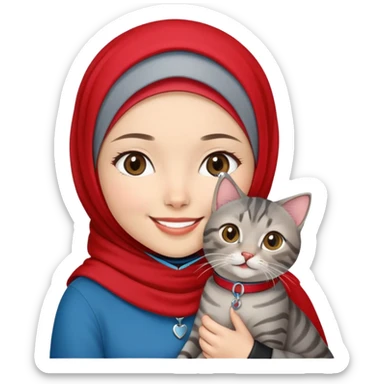Asian White girl wearing red hijab holding a black grey tabby cat while smiling. The cat is wearing blue collar sticker