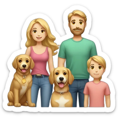 a caucasian family with 2 parents, 2 boys, 1 girl, and 2 golden retrievers sticker