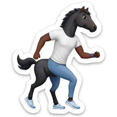 friendly anthropomorphised black stallion in jeans and a t-shirt, jogging upright in relaxed pose sticker
