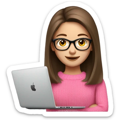 Russian smile Girl with straight brown hair and black glasses frame and in pink sweater working behind laptop sticker