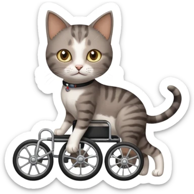 full body small short hair dark brown and white cat with hazel eyes walking in a wheelchair for cats sticker