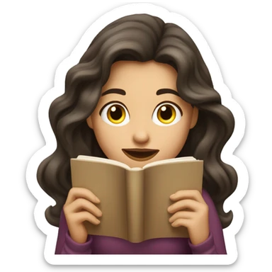 brunette long wavy hair woman biting lip while holding and reading book sticker