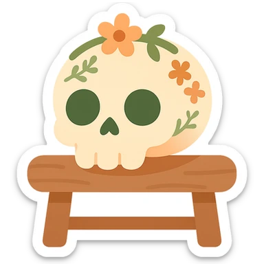 "A cute, whimsical skull resting gently on a wooden table, styled with a warm and soft color palette: golden orange (FA9B41), deep forest green (4A7C5C), muted taupe brown (96775A), and pastel peach (FFCC9A). The skull has rounded, friendly features and big, expressive eye sockets, giving it a sweet and non-threatening appearance. It is decorated with small floral or leafy patterns, and perhaps a tiny flower crown or ribbon in peach or green tones. The wooden table has a rustic charm, and the lighting is warm and magical, with gentle shadows and a cozy, storybook-like atmosphere. The overall scene feels enchanting, calm, and charming sticker
