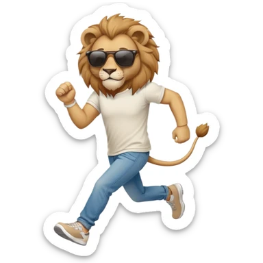 friendly anthropomorphised lion in jeans and a t-shirt, wearing dark sunglasses, jogging upright in relaxed pose sticker