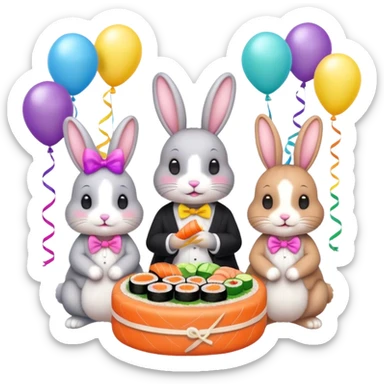 four cute bunny rabbits eating sushi at a birthday party, vibrant colors, balloons, streamers, emoji style sticker