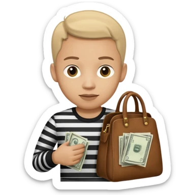 Un ladrón con camisa de rayas blancas y negras mirando hacia la frente con una bolsa de dinero  sticker