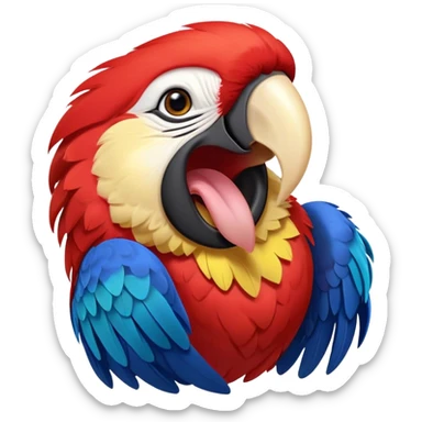 Cinematic Realistic Cute Yawning Macaw Portrait Emoji, Head tilted slightly with a dramatic, wide-open yawn, showcasing a soft, downy arrangement of vivid scarlet and blue feathers with gently drooping features and half-closed, drowsy eyes, rendered with lifelike feather detail and natural lighting, high shine, relaxed yet expressive, styled with a dash of tropical whimsy, soft glowing outline, capturing the essence of a sleepy yet affectionate macaw that appears ready to rest its wings in a quiet, enchanted moment! sticker