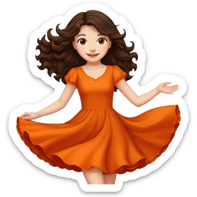 Long dark wavy hair women in orange standing twirling around sticker