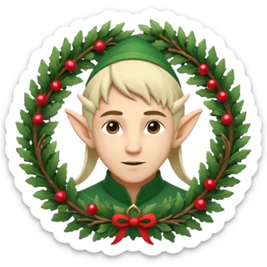 Fantasy elf portrait emoji, winter forest wreath made of pine branches and berries, elven ears visible, calm elegant expression, clean simple design, soft winter colors, flat emoji style, high readability, male variant
 sticker