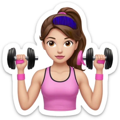 girl with wavy long ponytail brown hair, brown eyes, light to medium complexion, long lashes, light pink lipstick, wearing light pink shirt, lifting pink weights in a sports top sticker