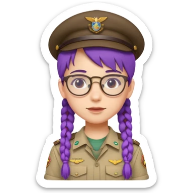bşue uniform wearing scout kid with braids and glassess with hat purple haired sticker