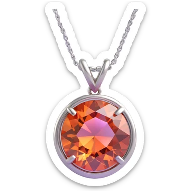 round cut pink fire opal gemstone with iridescent and fiery pink-orange colors, set in a silver setting with a silver jump ring for attachment, playful and glossy sticker