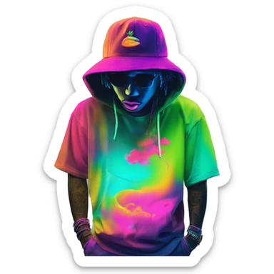Multicoloured neon person smoking wearing hoodie dancing hip hop bucket hat tropical Skater fashion aesthetic baggy clothes graphic t shirt 420 sticker