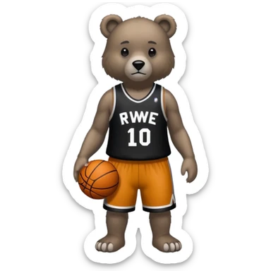 Bear with full body and wearing basketball black and gray jersey that says RWE  sticker