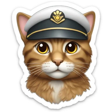 domestic cat with brown and grey fur wearing a pilot hat sticker