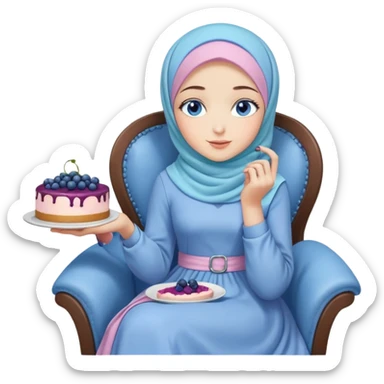 Turkish beautiful finish Konya girl blue eyes with pastel hijab long tail dress and sits on the chair and holds blueberry cake with her hand  sticker