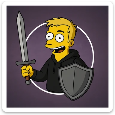 Regenerate the image keeping the same angle, facial expression, clothing, size ratio and shapes, but replace the computer, keyboard, and headset with a medieval sword and shield. Maintain the original style and color scheme as in the reference image. sticker