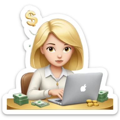 Girl who is trading options on her computer with $ signs in air sticker