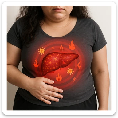 Realistic style depiction of a woman with PCOS, enlarged and inflamed liver highlighted by a red halo and symbols of inflammation. Inspired by the reference image, 4K quality. sticker
