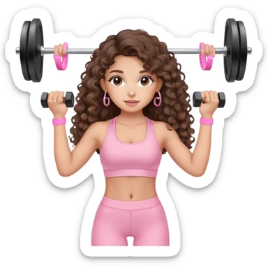 cute balayage brunette long hair curly/wavy haired girl, hoop earrings, clean girl makeup DOING EXERCISE with weights with a cute pastel pink set sticker