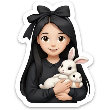 a smiling young teenage girl with light tan skin, long black straight hair, brown eyes, black oversized shirt and holding a white baby bunny wearing a small black bow on its right part of the head sticker