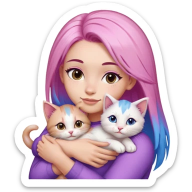 beautiful woman with pink straight hair with purple & blue tips and brown eyes hugs a kitten sticker