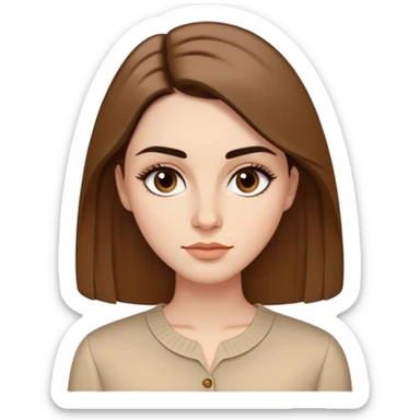 Mujer de tez blanca con facciones definidas con ceja oscura gruesa, nariz pequeña, labio superior delgado y labio inferior mediano, cabello café claro largo liso, ojos color café oscuro medianos en forma semi almendra, pestañas cortas, con blusa femenina color beige sticker