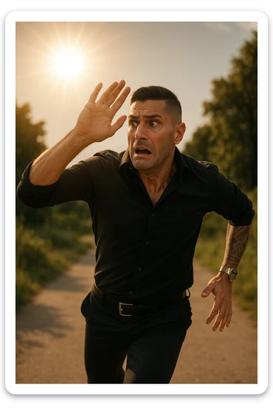 Uomo che corre via dal sole spaventato perchè pensa sia nocivo realistica sticker