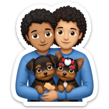 Young man with little brown skin, black curly hair, cheerful dark brown eyes, hugging two yorkie of long hair  sticker