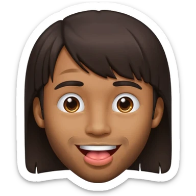 A brown skin guy with dark bangs hairstyles that is his covering forehead, his head is tilted back a bit and his tongue is out sticker