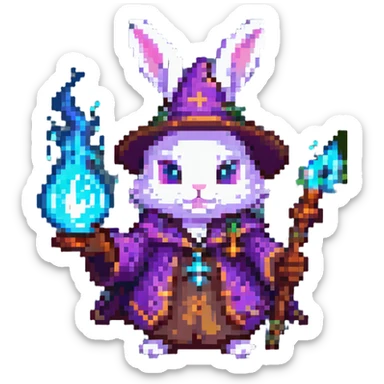 adolescent wizard bunny casting a spell with glowing effects, pixel art style sticker