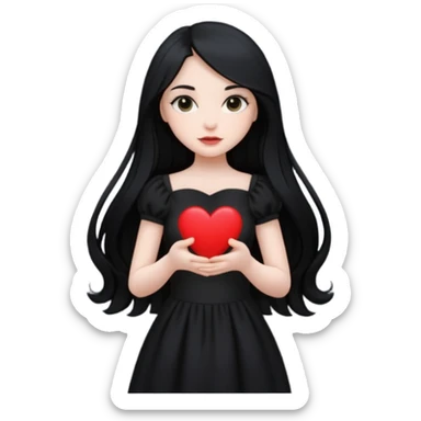 Pale girl with long black hair and black dress with holding black heart sticker