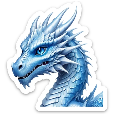 Cinematic Noble Beautiful Ice Dragon Portrait Emoji, Poised and majestic, with an ethereal, crystalline body adorned in intricately detailed scales of frosty blues and silvery whites reminiscent of glacial ice and delicate snowflakes, and piercing, cool eyes reflecting winter’s clarity; rendered with lifelike texture and subtle natural highlights, high shine, elegant and formidable, styled with an aura of chilling mythic beauty, focused and serene, soft glowing outline, capturing the essence of a legendary ice sovereign ready to glide gracefully out of the screen with timeless frosty allure! sticker