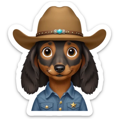 mostly black with some brown long hair daschund with a cowboy hat sticker