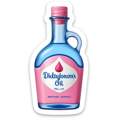 bottle of oil blue top pink outside with logo that says Diddys Oil Johnson and Johnson bottle with a berry on top sticker