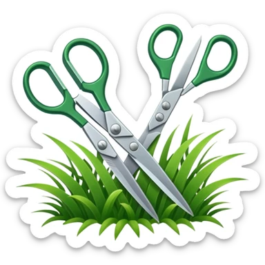  a pair of scisors cutting grass with sticker