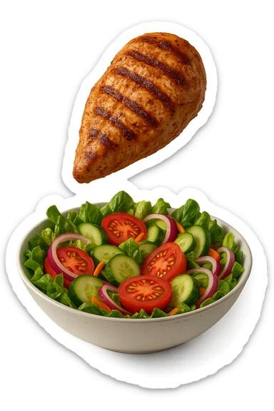 INSALATA CON PETTO DI POLLO GRIGLIATO CHE CADE DALL'ALTO, IPERREALISTICO 4K sticker