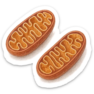 realistic colored drawing of mitochondrial biogenesis step 4: two mature and functioning mitochondria, visible texture on white paper, isolated on white background sticker