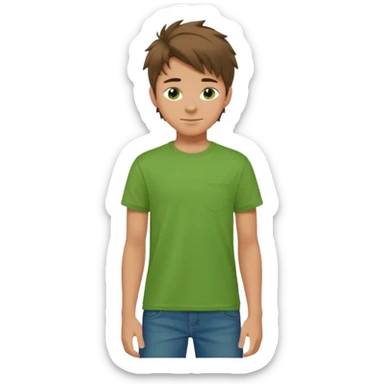 A 14 yerar old teenage boy, slightly tanned, wearing a green tshirt, blue jeans and green sneakers with brown tousled hair, smirking sticker