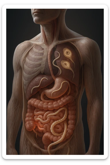 Vertical, hyper-realistic 3D cutaway illustration: the human body is shown in semi-transparent layers, exposing various types of parasites (tapeworms, roundworms, protozoa) inside the digestive tract and other organs. The parasites are rendered in vivid detail, with realistic lighting and shadows. Key areas of infection are highlighted sticker