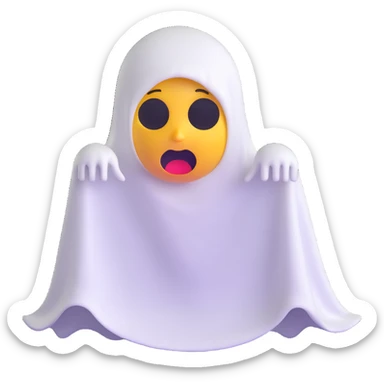 yellow emoji with terrified expression dressed as a ghost with white sheet and cut-out eyes sticker