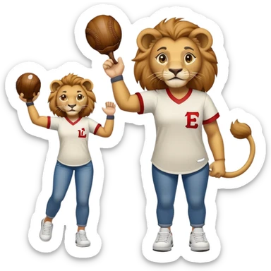 confident anthropomorphised female lion wearing a baseball shirt, jeans, and trainers, lifting an object sticker