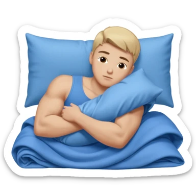 A young muscular male with short dark-blonde hair, medium-light skin, and a neutral expression, dressed in blue cloth. He lies on his side, arms around a soft white pillow, with his head on a smooth blue pillow. A flowing blue blanket covers him in silky folds. sticker
