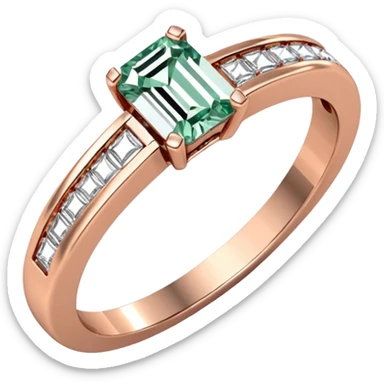 A rose gold, emerald cut diamond engagement ring. The band is a half eternity band sticker